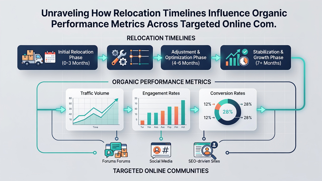 Infographic illustrating engagement metric recovery curves post-relocation in targeted forums